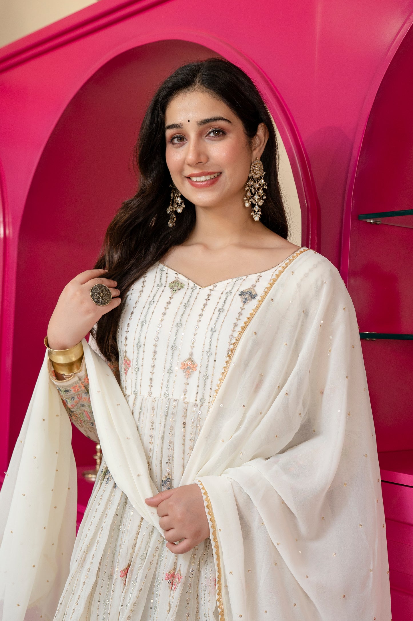 Traditional Off White Anarkali Suit Set