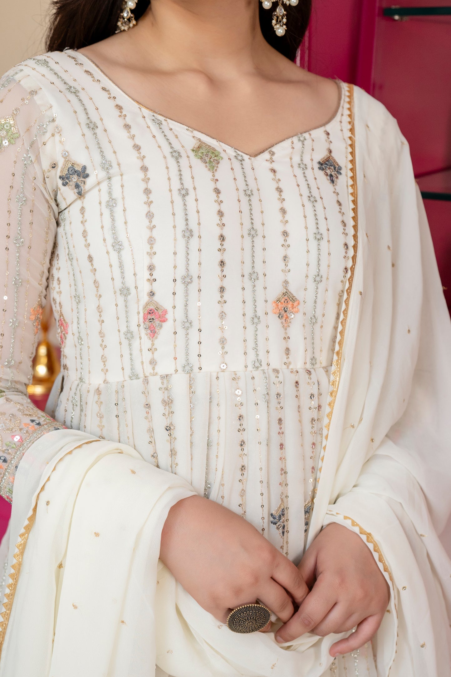 Traditional Off White Anarkali Suit Set