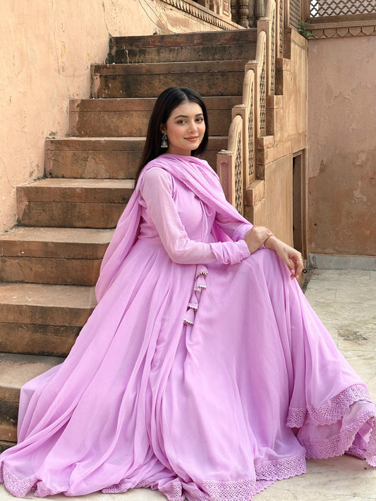 PURPLE LONG FLAIR LESS BODER SET WITH DUPATTA SUIT SET