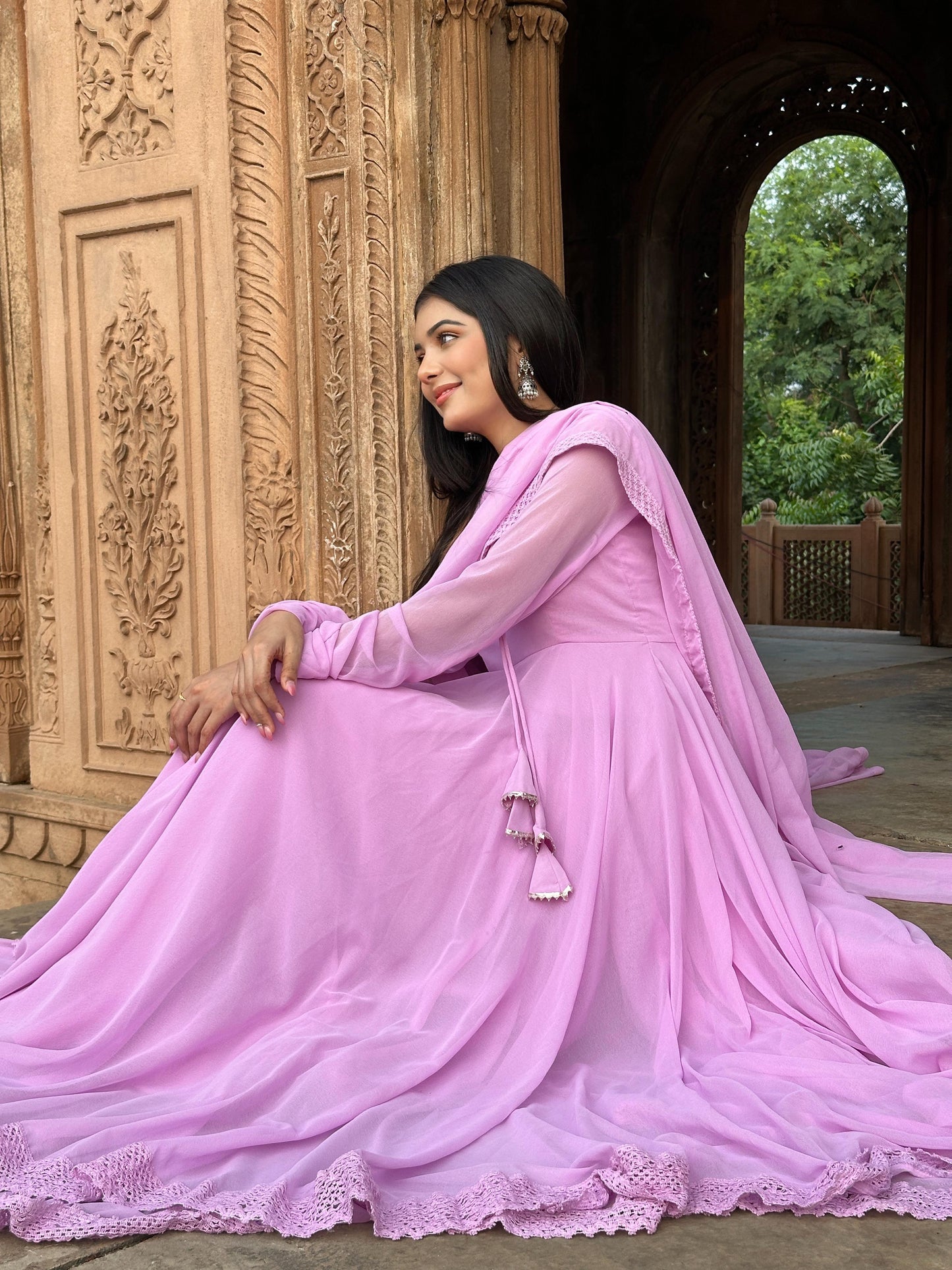 PURPLE LONG FLAIR LESS BODER SET WITH DUPATTA SUIT SET