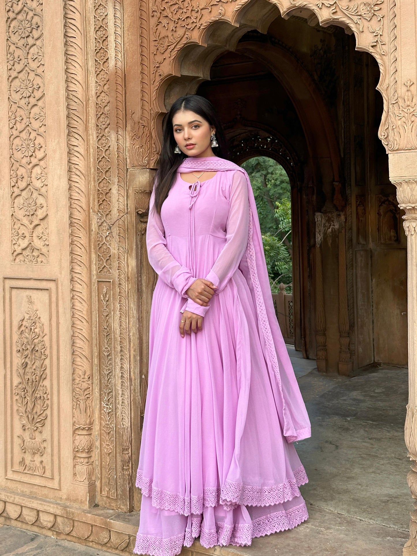 PURPLE LONG FLAIR LESS BODER SET WITH DUPATTA SUIT SET