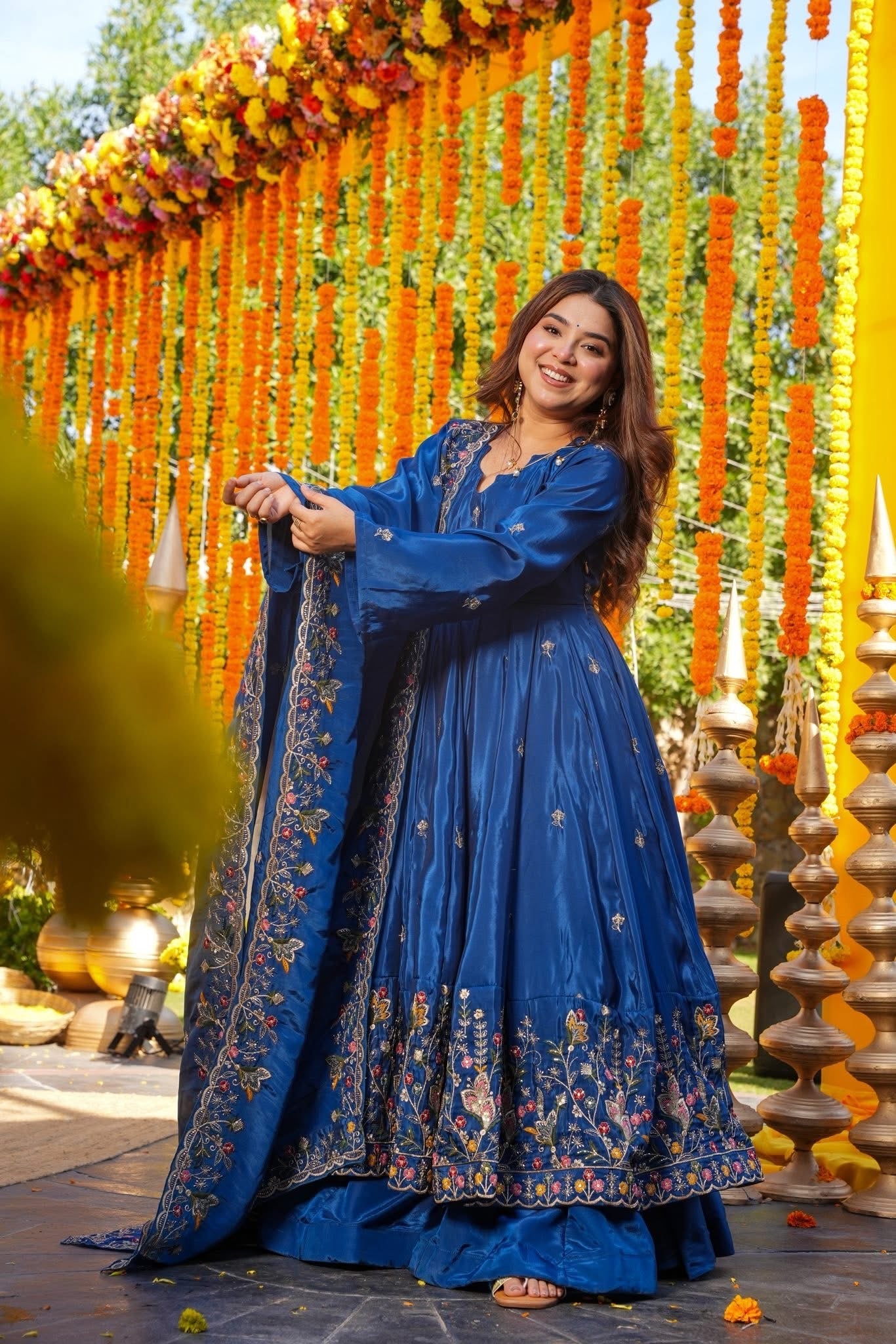 Blue Floral Anarkali Suit Set