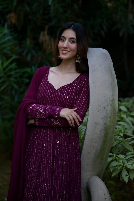 WINE PURPLE READYMADE KALI-CUT  ANARKALI SUIT SET TD-6039