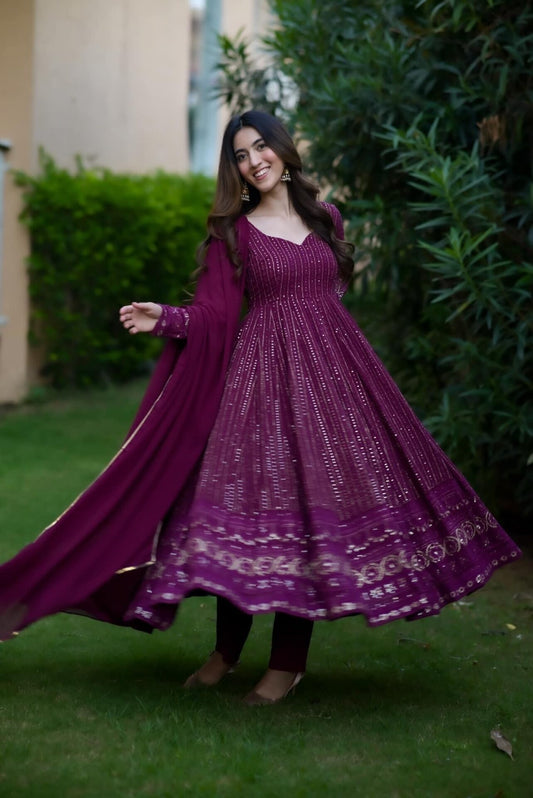 WINE PURPLE READYMADE KALI-CUT  ANARKALI SUIT SET TD-6039