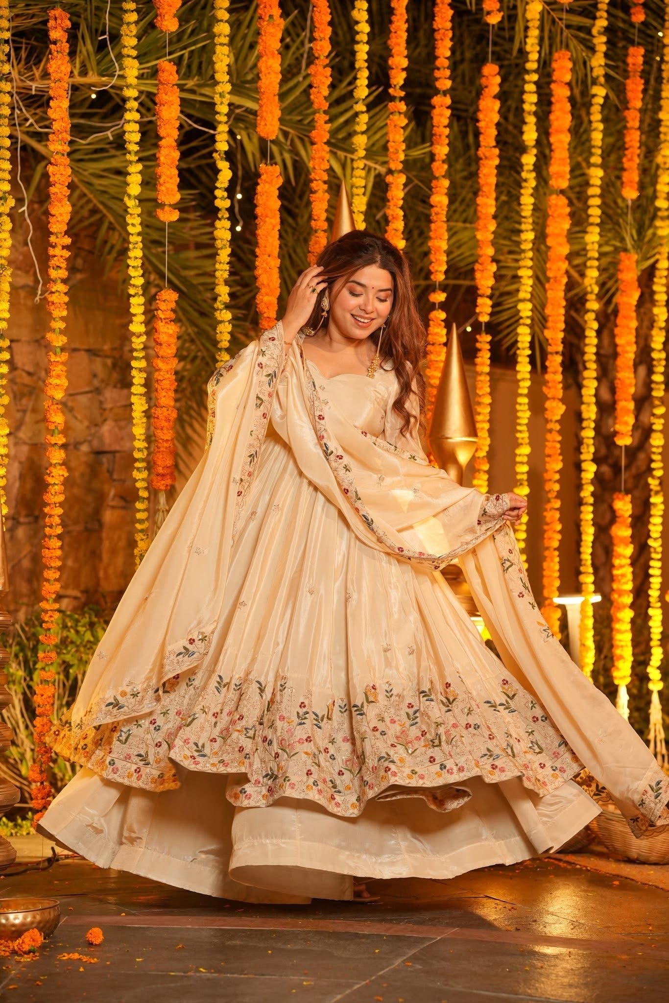 Off White Floral Anarkali Suit Set