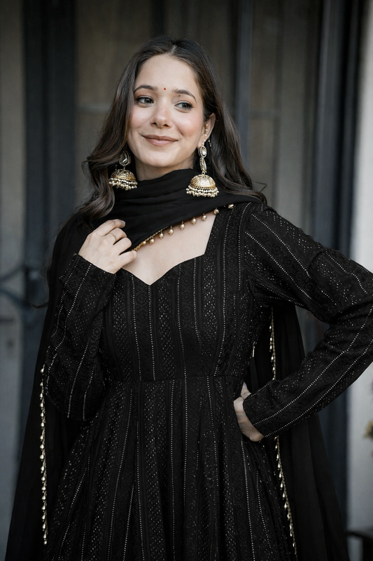 Rushika Black Lucknowi  Elegant Anarkali Suit Set