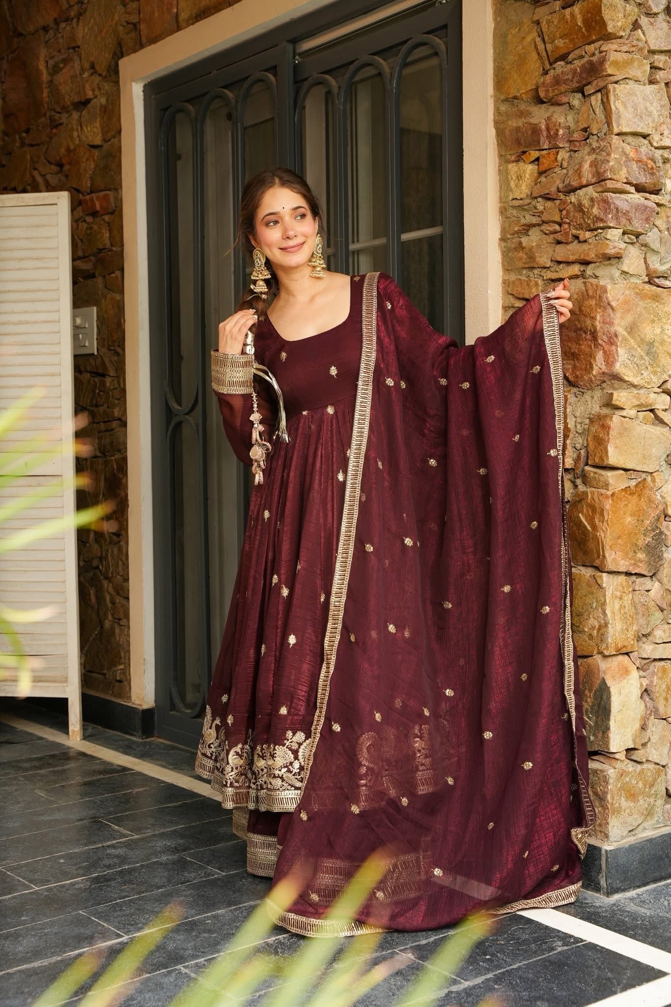 Morani`s Maroon Anarkali Premium Suit Set