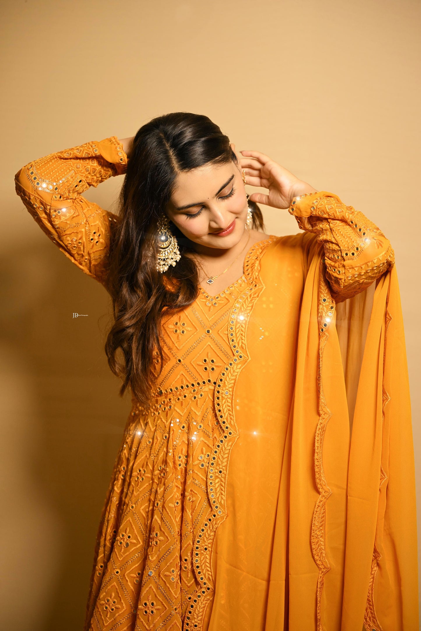 MUSTARD EMBROIDERED GEORGETTE ANARKALI SUIT SET