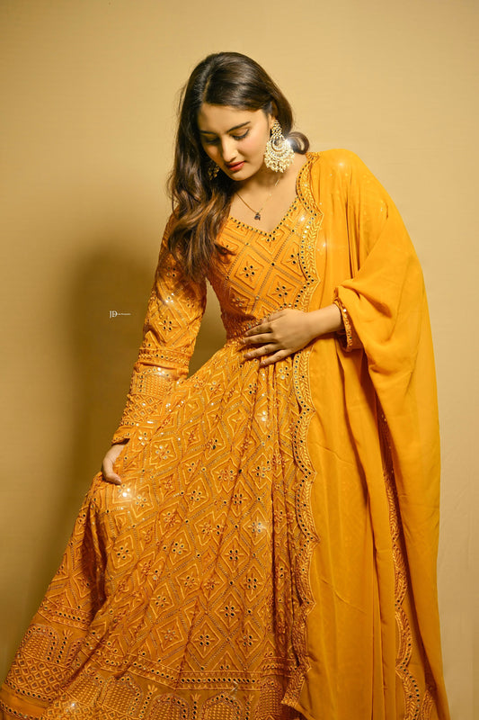 MUSTARD EMBROIDERED GEORGETTE ANARKALI SUIT SET