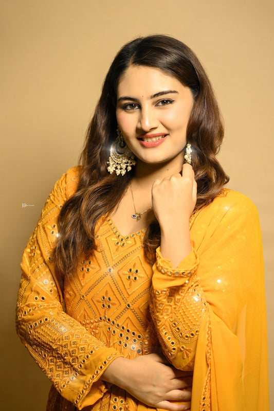 MUSTARD EMBROIDERED GEORGETTE ANARKALI SUIT SET