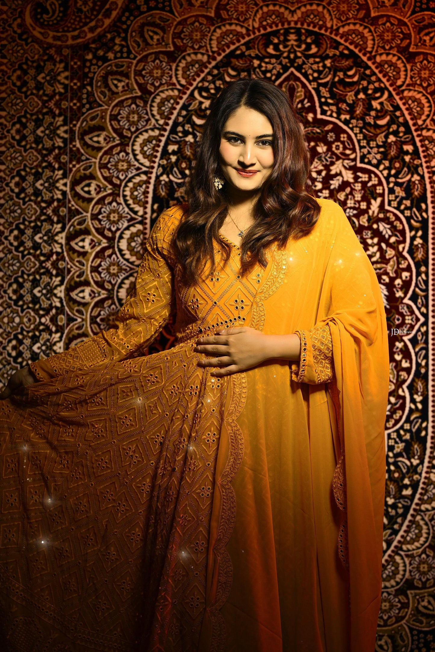 MUSTARD EMBROIDERED GEORGETTE ANARKALI SUIT SET