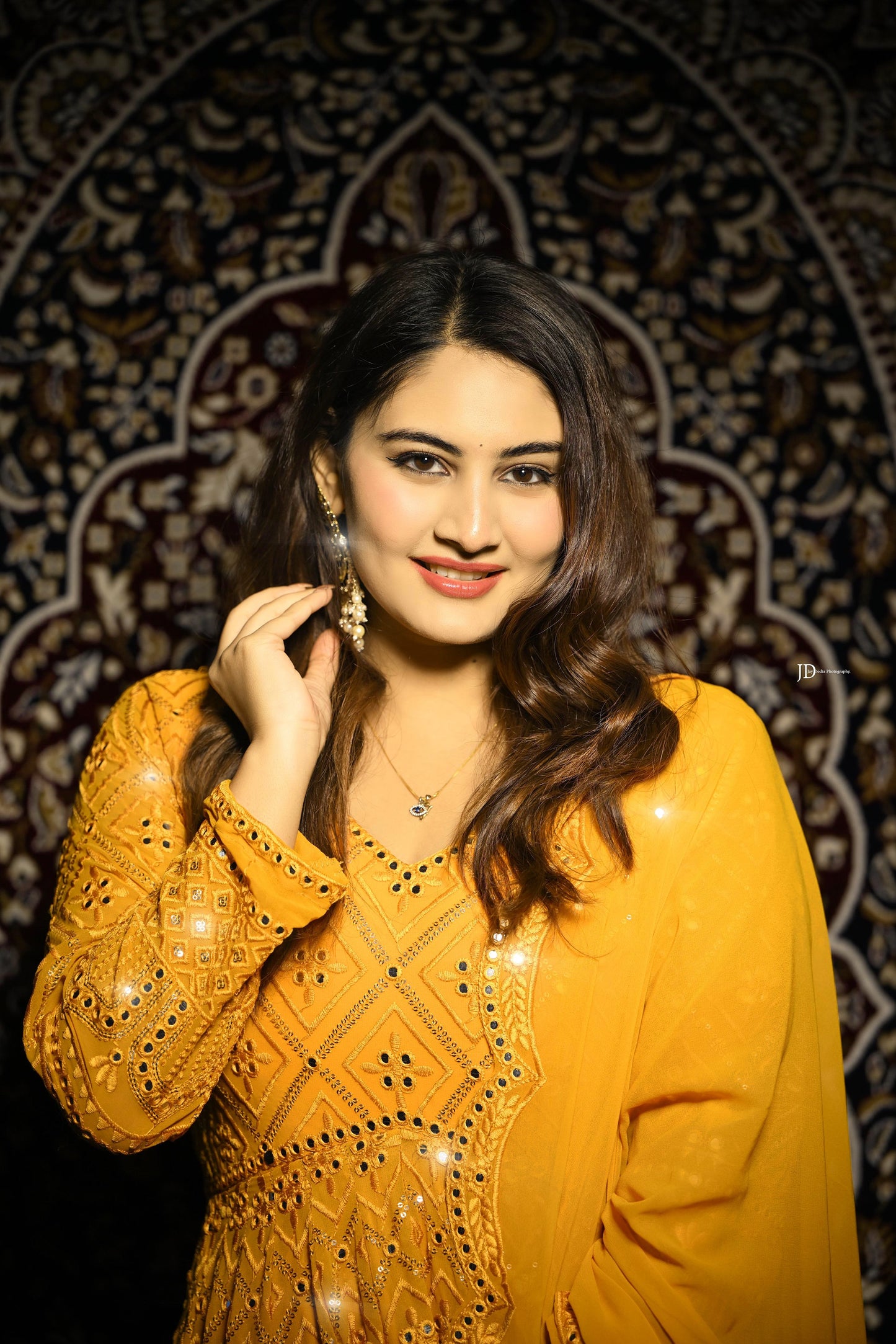 MUSTARD EMBROIDERED GEORGETTE ANARKALI SUIT SET