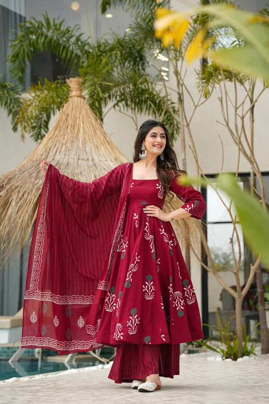 Isabella Pure Cotton Anarkali Style Plazzo Suit Set