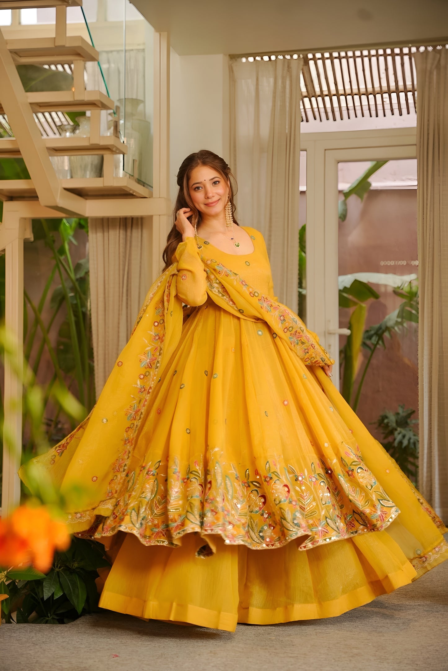 Firdoss Yellow Elegant Anarkali Suit Set