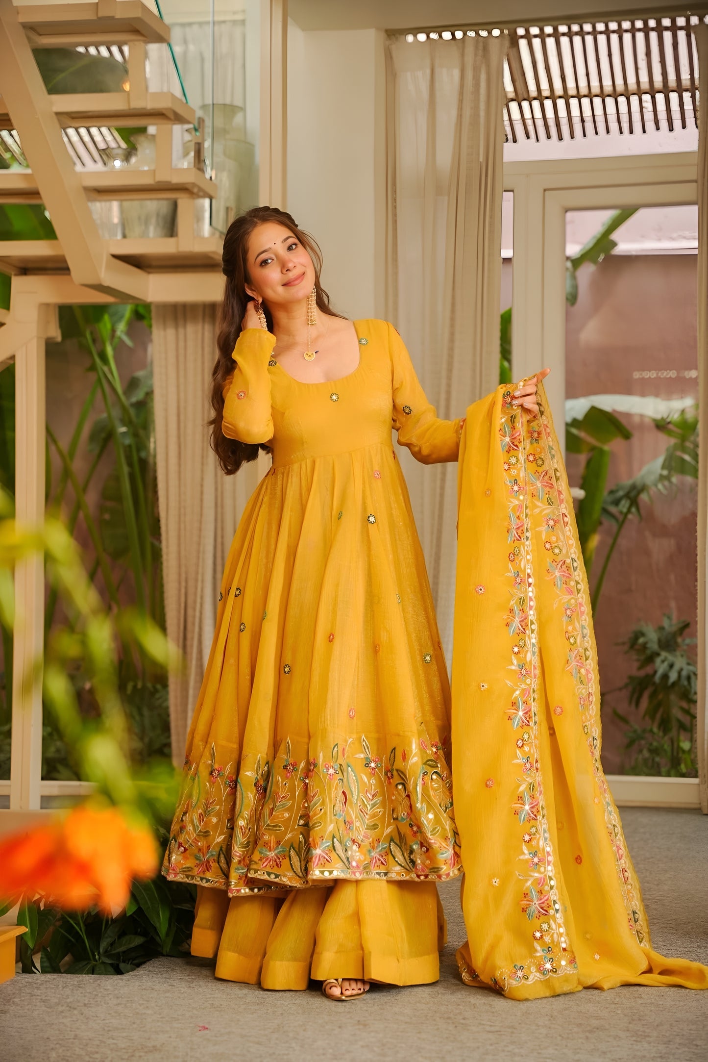 Firdoss Yellow Elegant Anarkali Suit Set