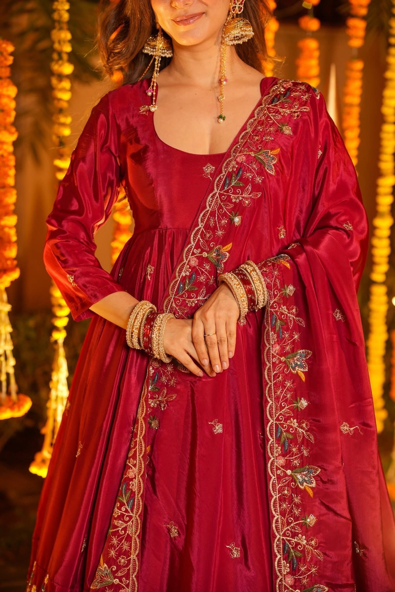 Red Floral Anarkali Suit Set