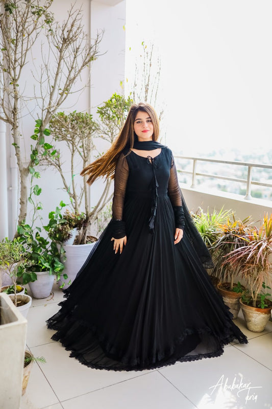 SOLID BLACK LONG FLAIR LESS BODER SET WITH DUPATTA-TD-114