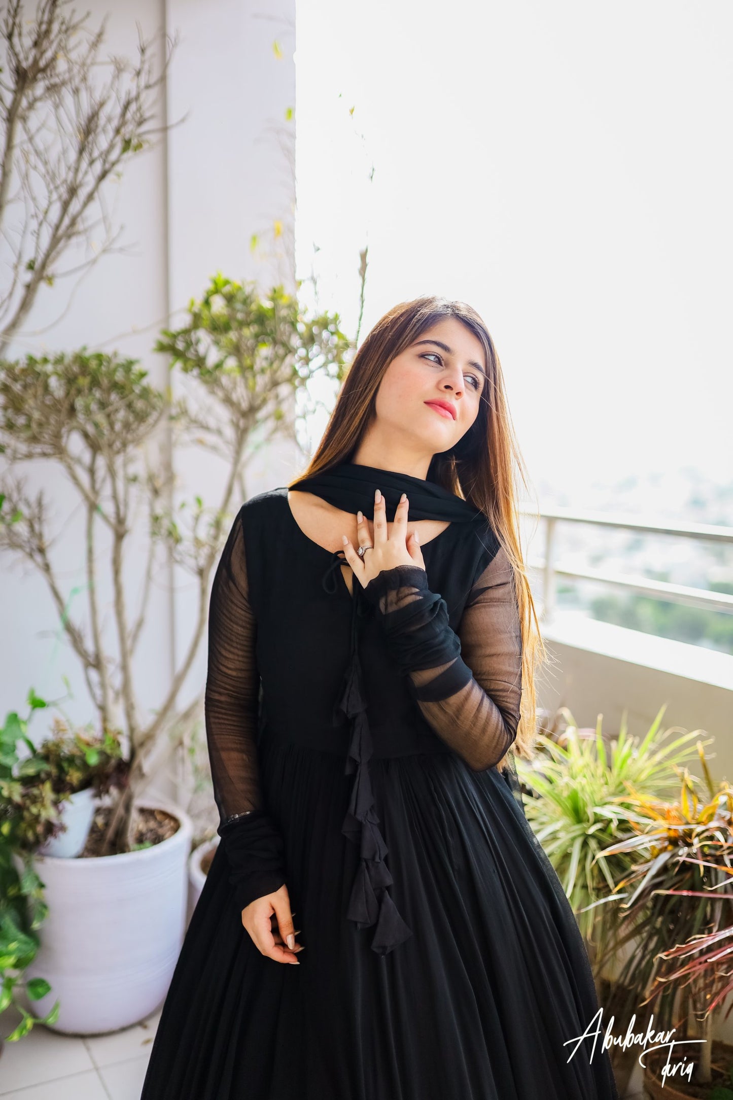 SOLID BLACK LONG FLAIR LESS BODER SET WITH DUPATTA-TD-114