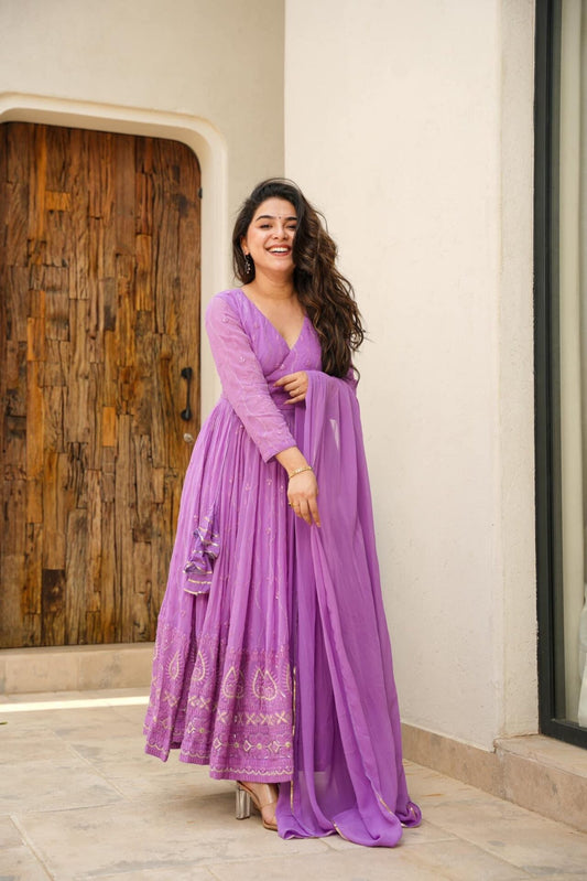 PURPLE  READYMADE KALI-CUT  ANARKALI SUIT SET -td-151