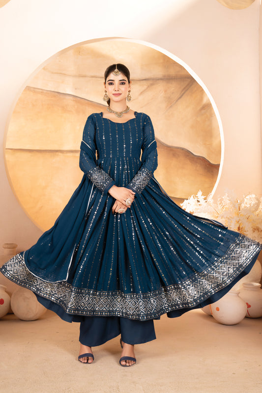 RAKHI'S RAMA COLOURED ANARKALI SUIT SET.