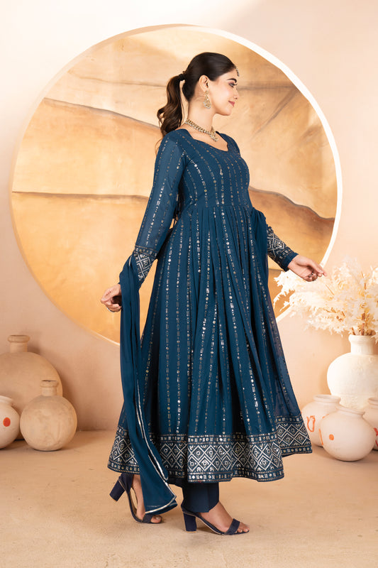 RAKHI'S RAMA COLOURED ANARKALI SUIT SET.