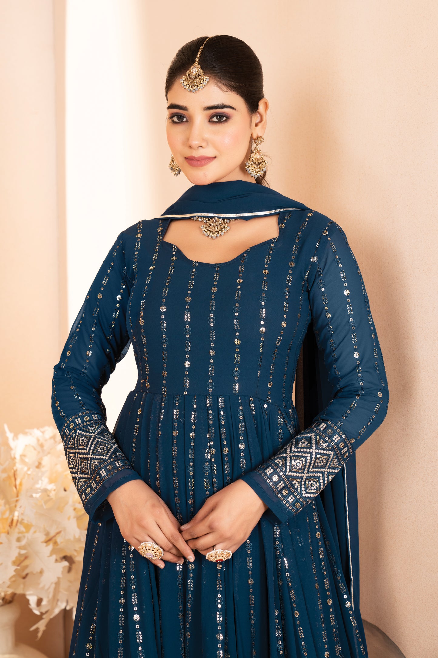 RAKHI'S RAMA COLOURED ANARKALI SUIT SET.