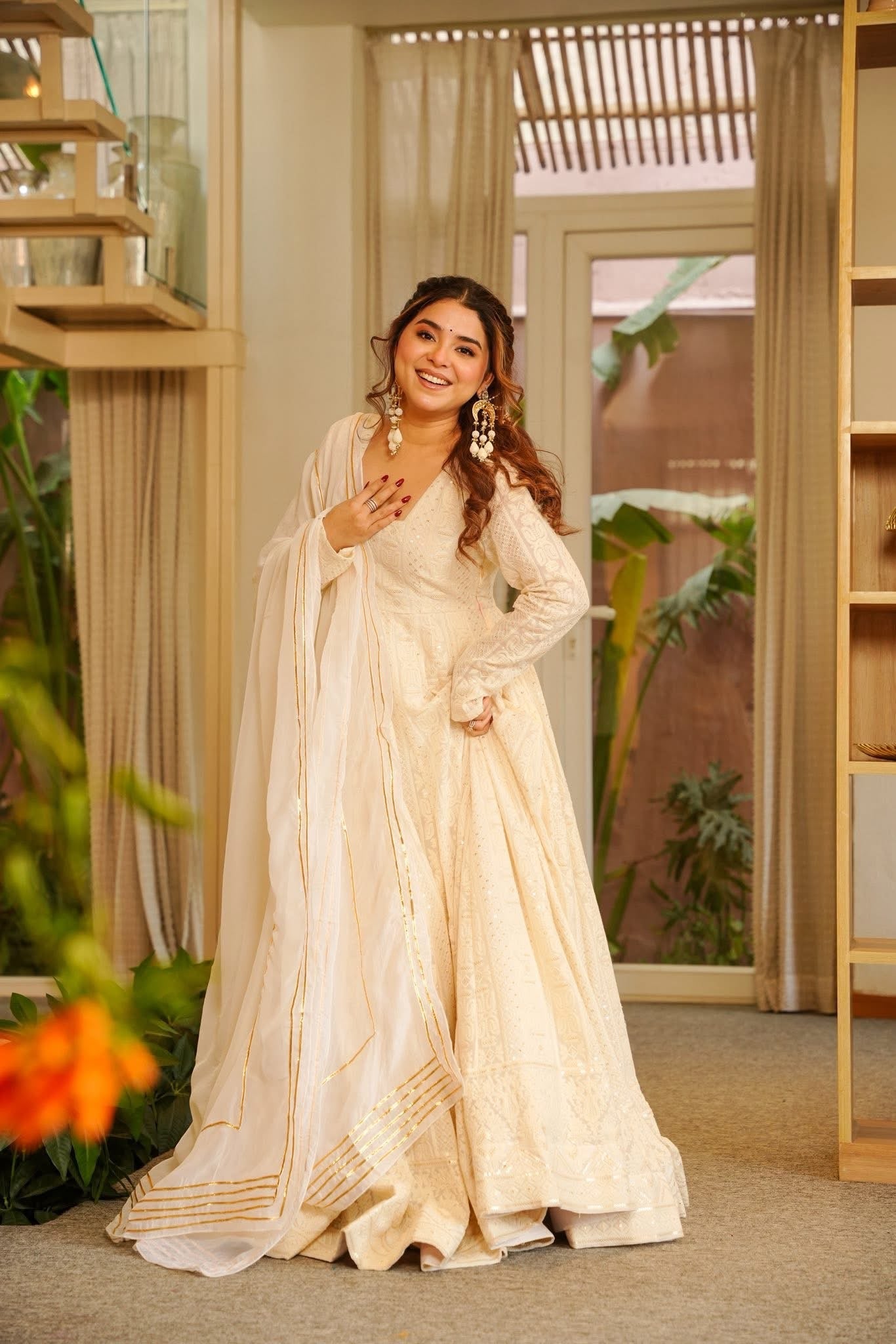 Lucknowi Off White Rajwadi  Anarkali Suit Set