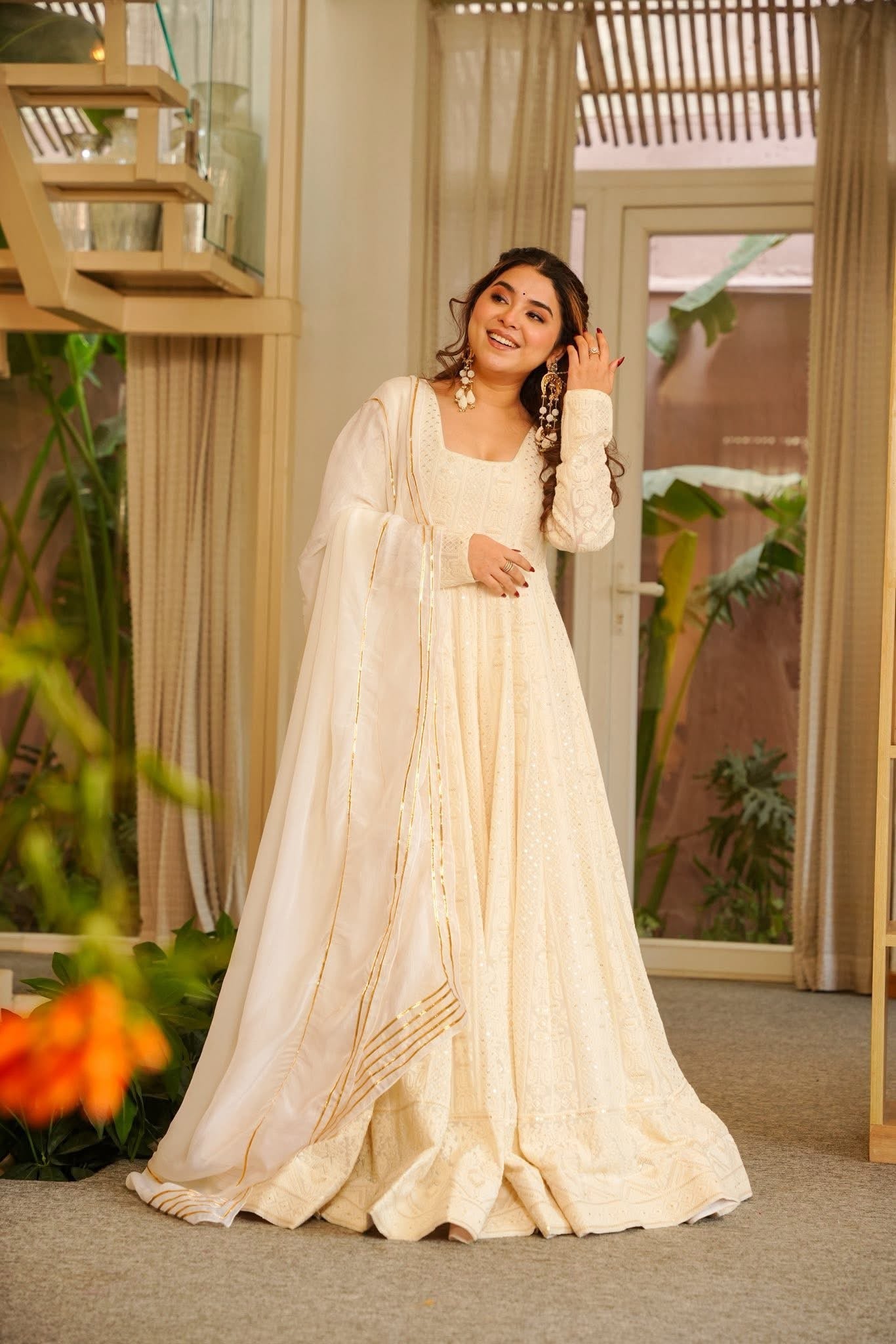 Lucknowi Off White Rajwadi  Anarkali Suit Set