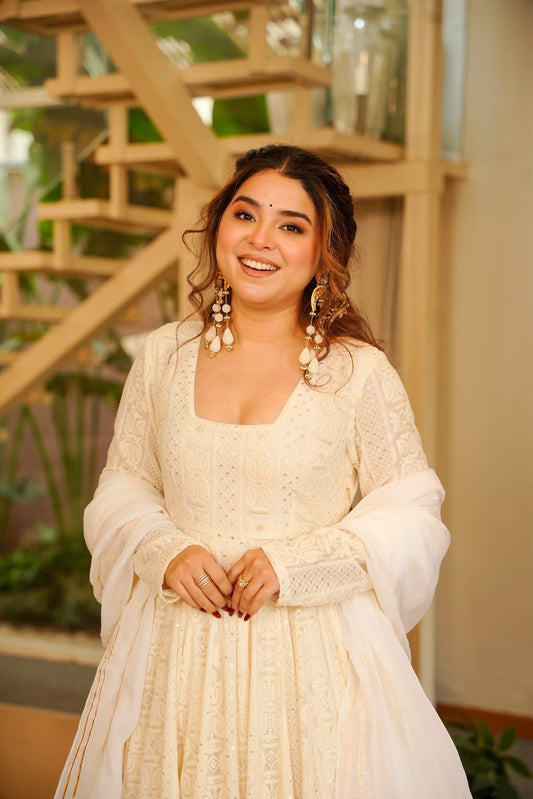 Lucknowi Off White Rajwadi  Anarkali Suit Set