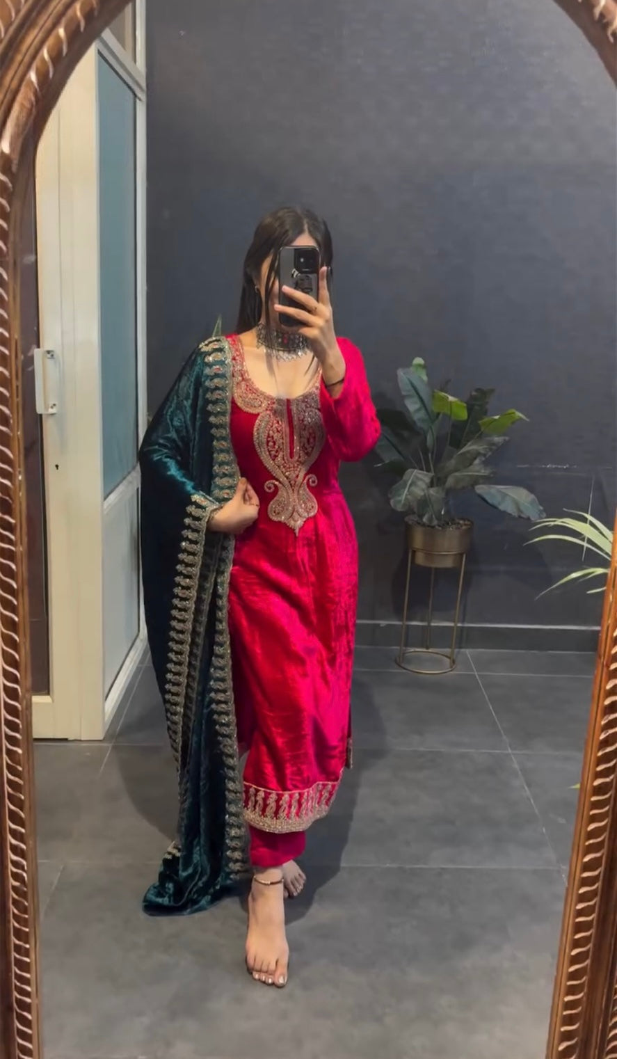 Rajwadi Royal Rich Pink Glamour nine thousand Velvet Suit Set