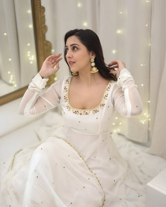 Tejsvi's'  White Colour Traditional White Anarkali Suit 🤍