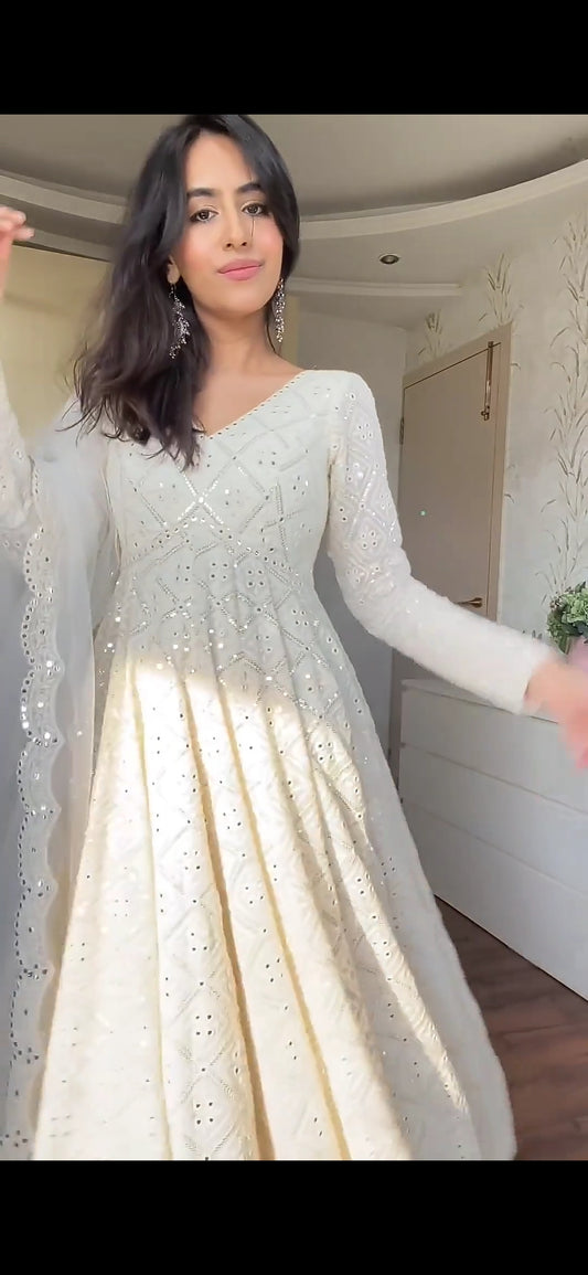 Lucknowi Embroidered Georgette Anarkali Full  Stitched Suit Set