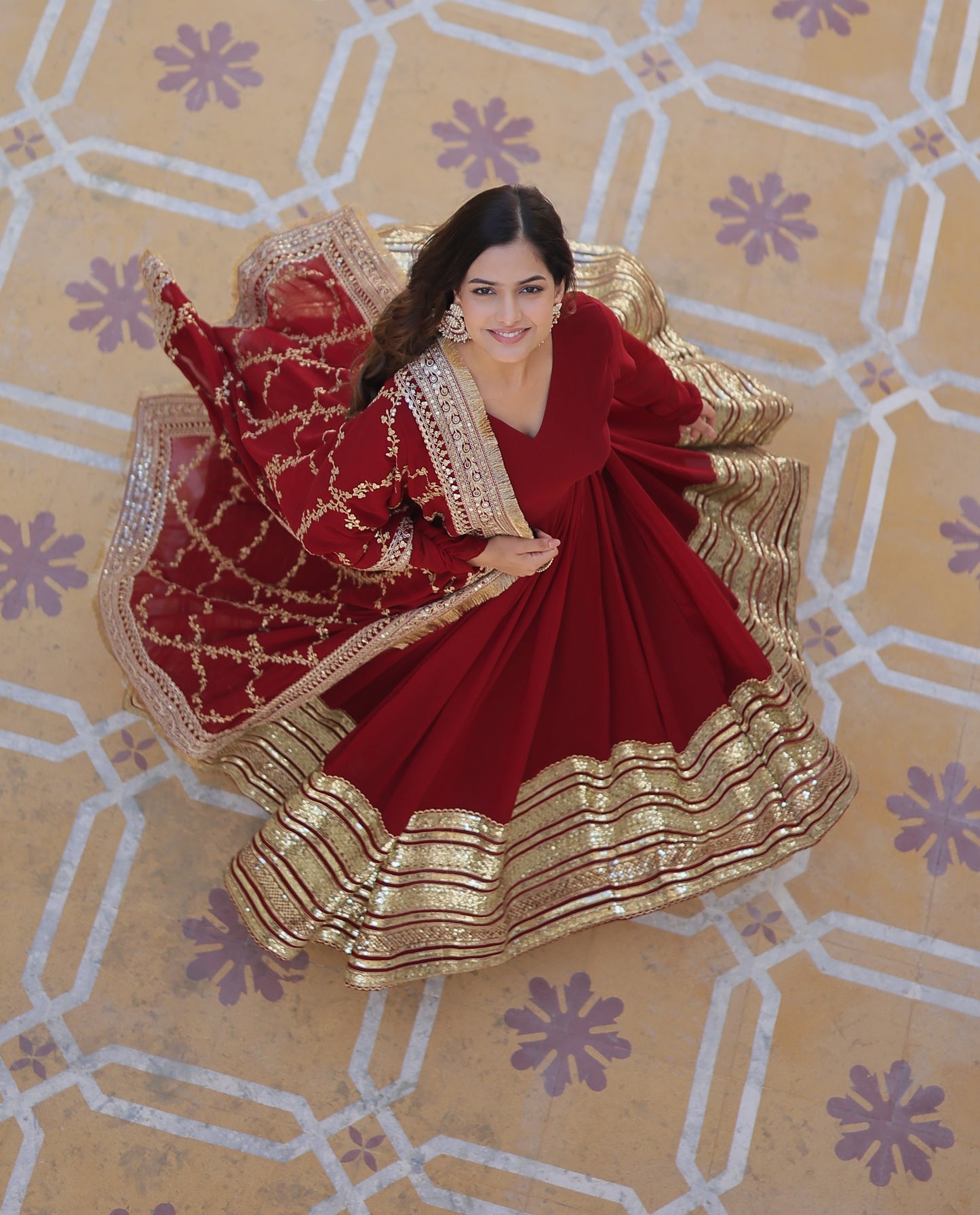 DARK MAROON Blooming Gown with Dupatta With Attractive Embroidered Sequins work.