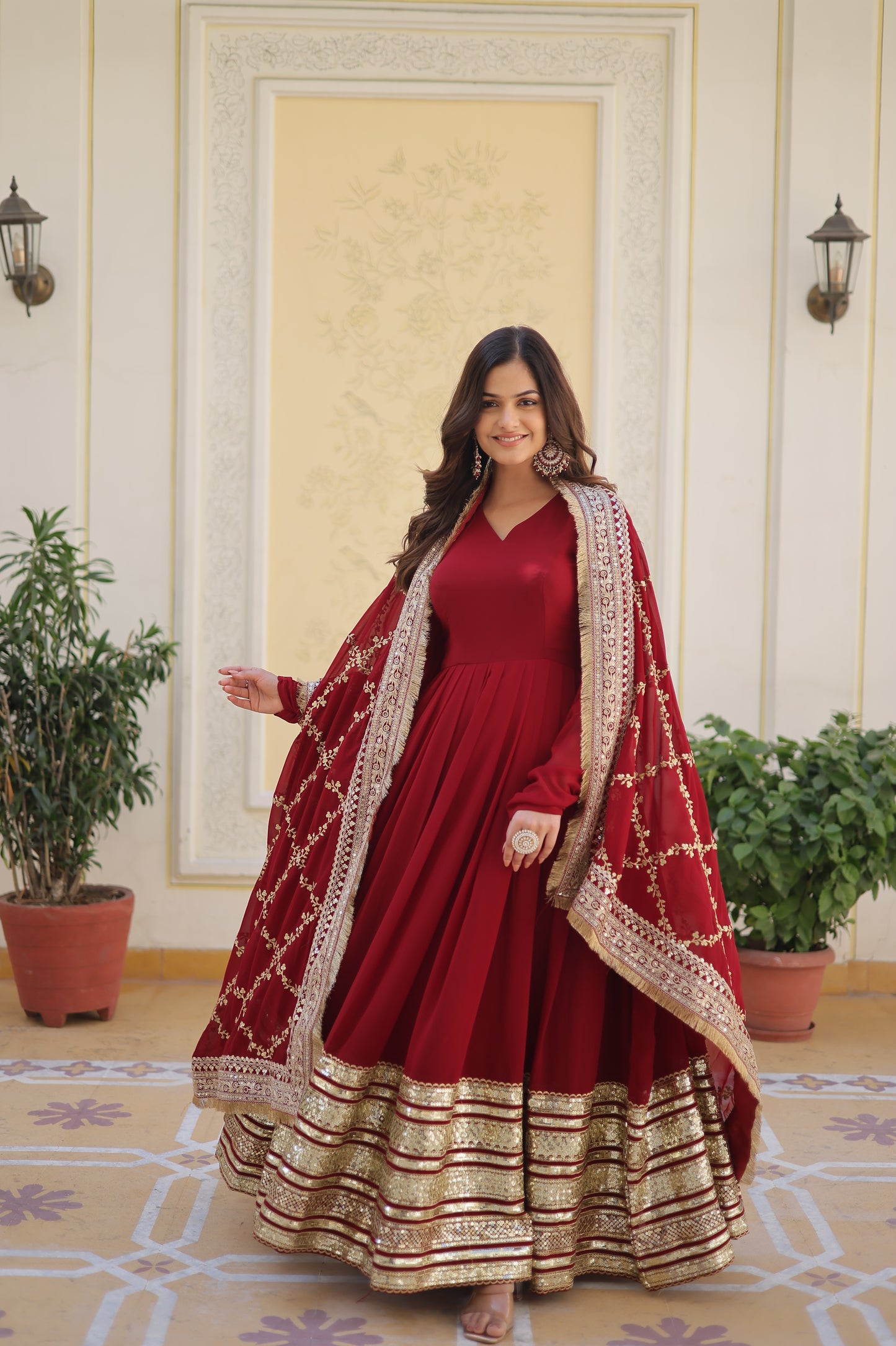DARK MAROON Blooming Gown with Dupatta With Attractive Embroidered Sequins work.
