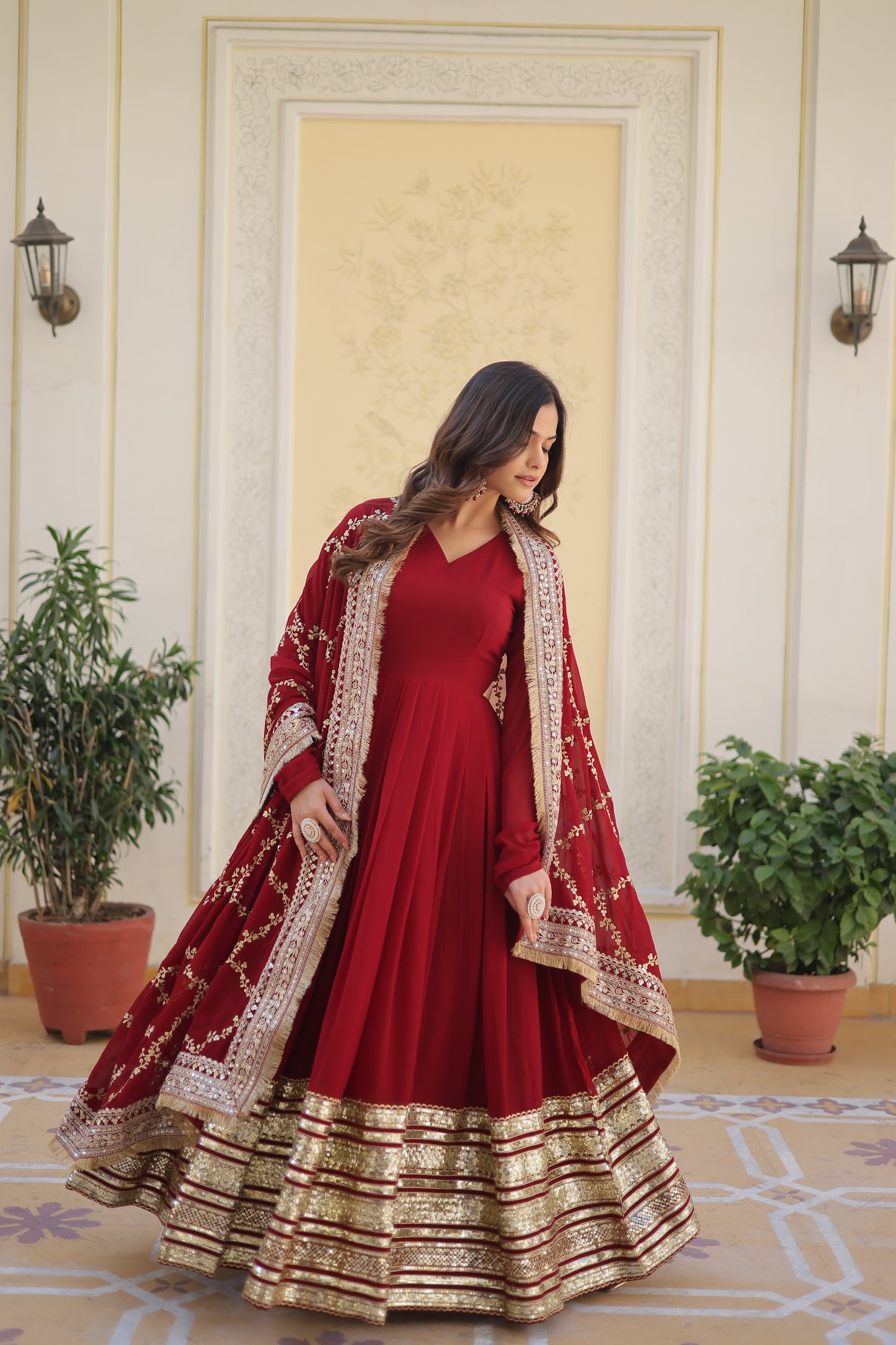 DARK MAROON Blooming Gown with Dupatta With Attractive Embroidered Sequins work.