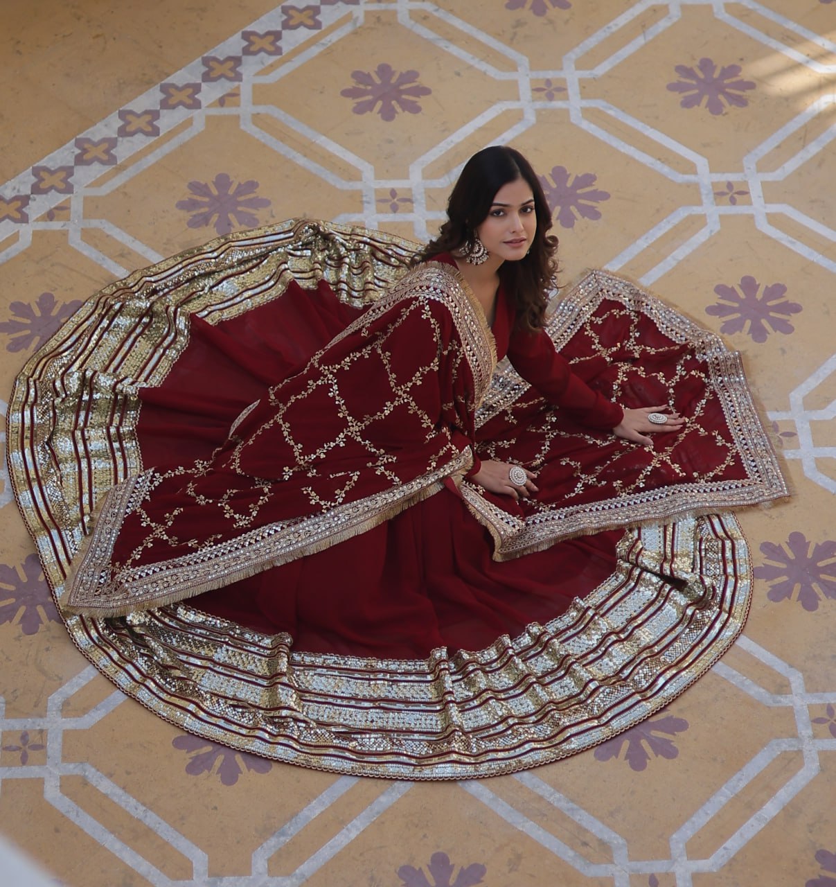 DARK MAROON Blooming Gown with Dupatta With Attractive Embroidered Sequins work.