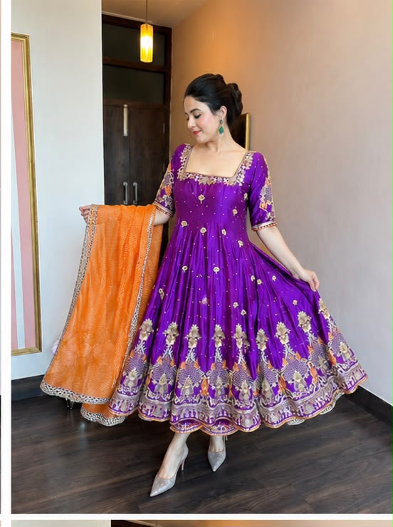 Purple Floral Anarkali Suit Set