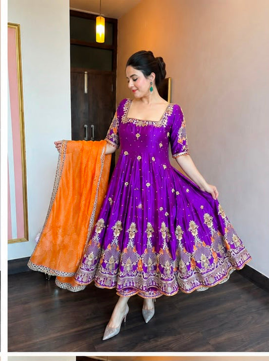 Purple Floral Anarkali Suit Set