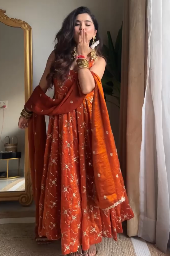 Nirali's' Orange Anarkali Premium Suit Set