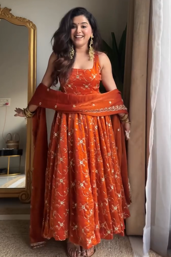 Nirali's' Orange Anarkali Premium Suit Set