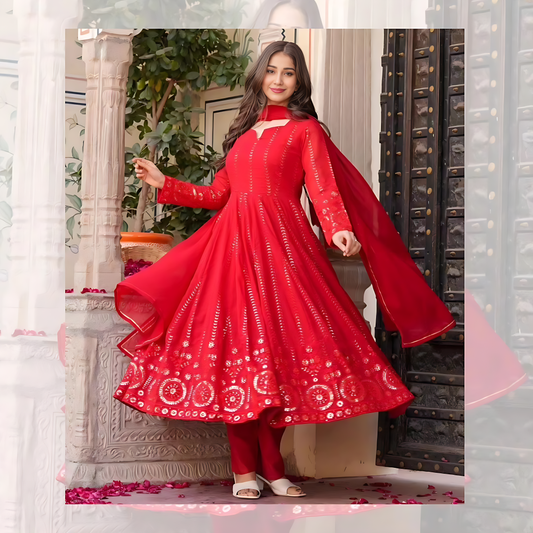 RED EMBROIDERED GEORGETTE SUIT SET