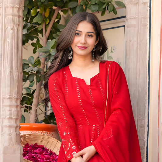 RED EMBROIDERED GEORGETTE SUIT SET
