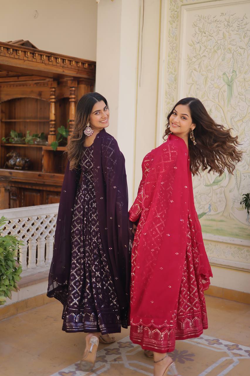 Lucknowi Sequins Work Gown and duptta suit set