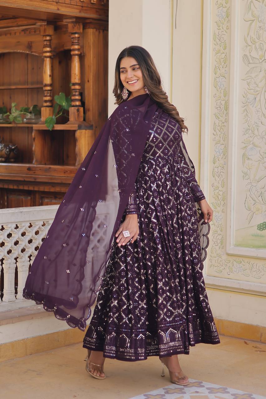 Lucknowi Sequins Work Gown and duptta suit set