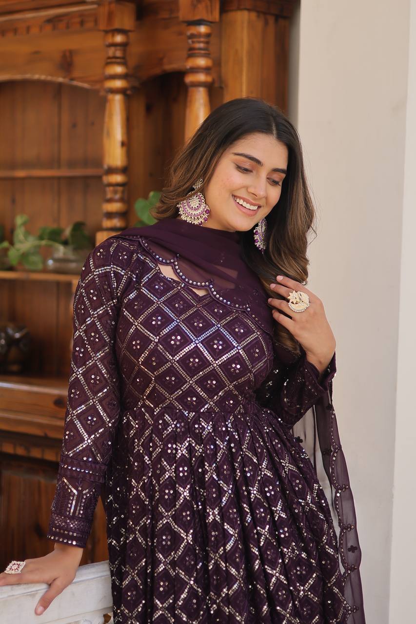 Lucknowi Sequins Work Gown and duptta suit set
