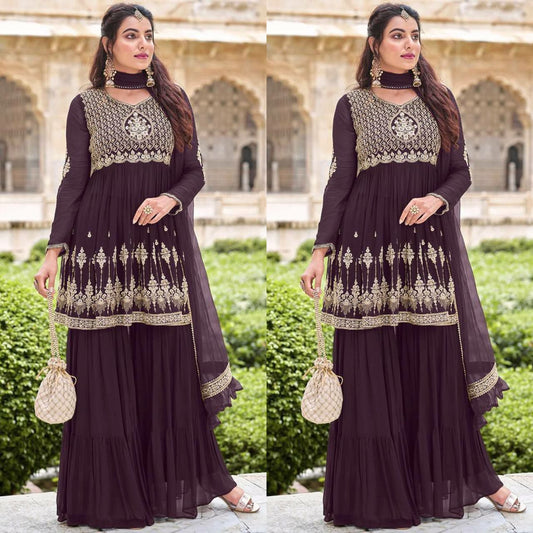 Zarna's Embroidered Party Wear Chiffon Top Plazzo Suit Set