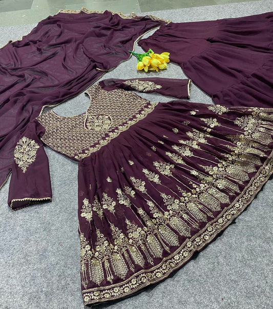 Zarna's Embroidered Party Wear Chiffon Top Plazzo Suit Set