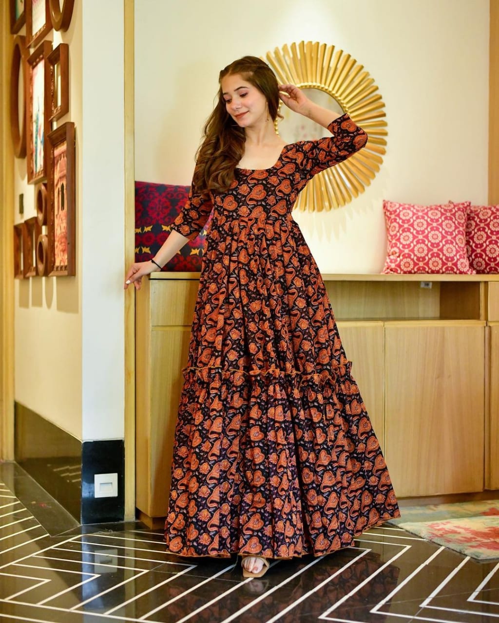 Black Masleen Silk long Gown-TD-7003