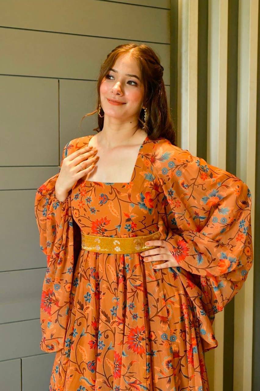 MASTERD ORANGE FOX GEORGETTE WITH DIGITAL PRINT FULL SLEEVE GOWN-WL-7011