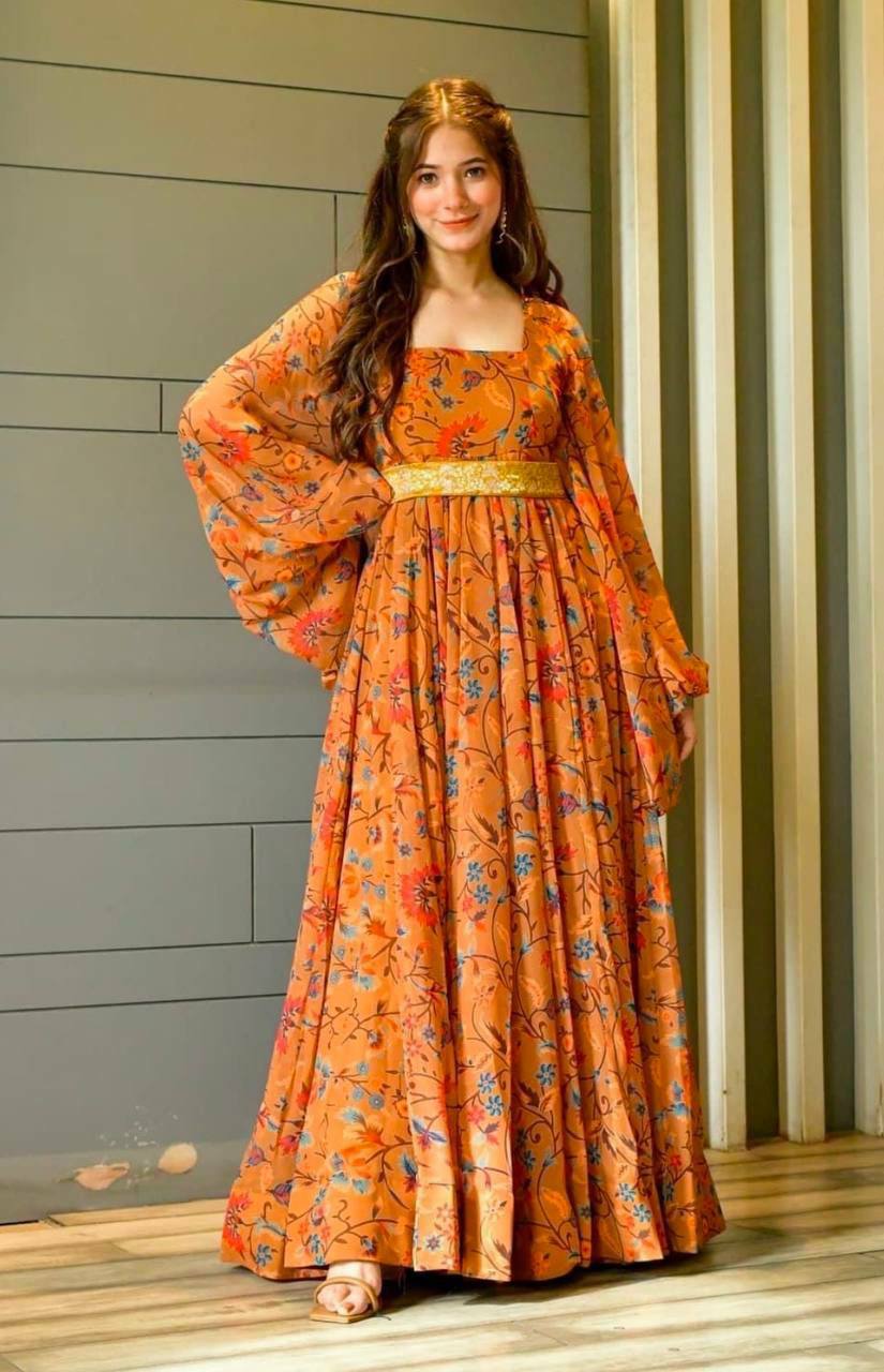 MASTERD ORANGE FOX GEORGETTE WITH DIGITAL PRINT FULL SLEEVE GOWN-WL-7011